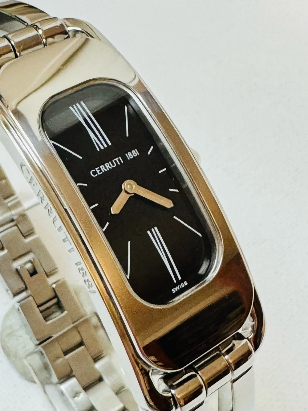 Cerruti 1881 C Wave Black Dial Women's Silver Curved Tank Bracelet Watch 61202